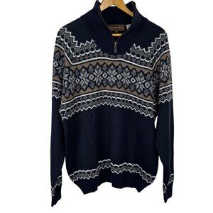 Woodland Trail Wool Blend 1/4 Zip Sweater Navy Blue Fair Isle Nordic Men's Lrg